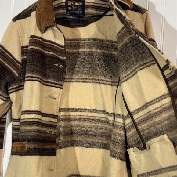 Woolrich Womens Wool Jacket Medium Striped Brown Cream Corduroy Collar USA Made - Picture 6 of 10
